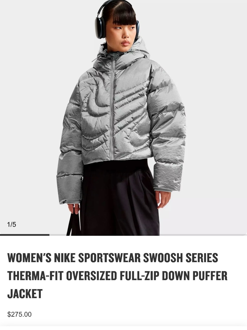 Nike Women’s Silver Oversized Therma-Fit Full-Zip Puffer Jacket